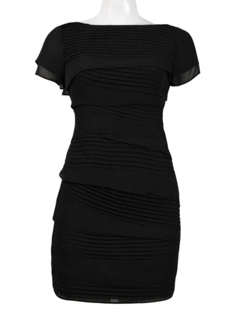 Adrianna Papell Chiffon Dress Size 4 Womens Black Tiered Short Sleeve Pleated La